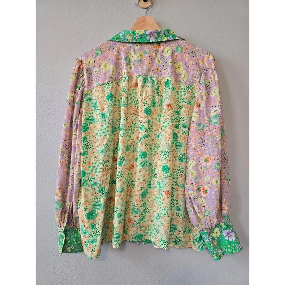 LOFT Floral Patchwork Blouse XL Boho Cottagecore Button Front Top Romantic